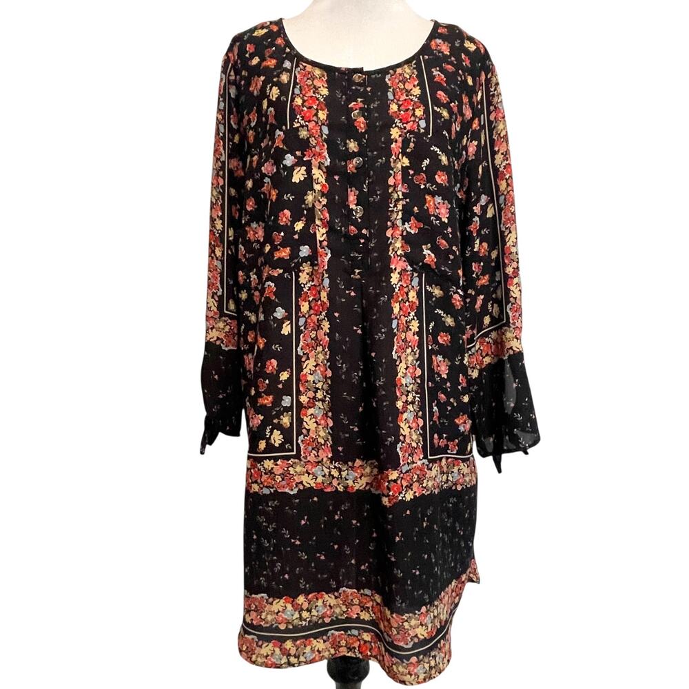 Roz & Ali Floral Tunic Womens XL Tie Sleeve Multicolor Peasant Boho Longline Top